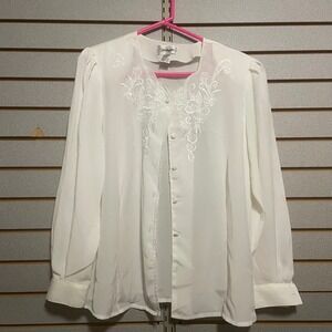 Worthington Embroidered Blouse Long Sleeve Button‎ Down Top White Size 12